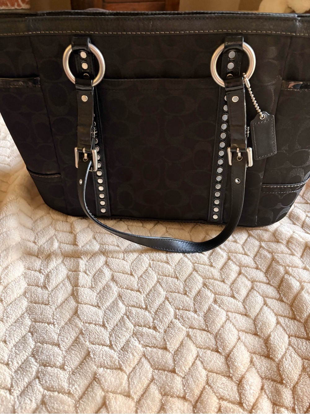 Y2K Coach Black Signature Canvas Tote with Studded Leather Straps